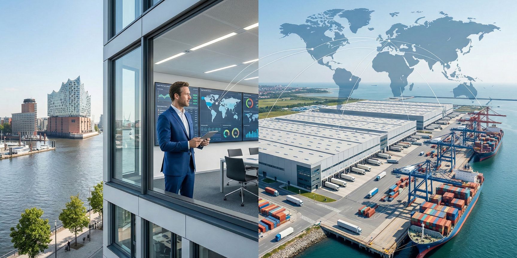 Divided scene visualizing the global strategy of logistics offshoring: On the left, a modern office in Hamburg with a logistics manager analyzing supply chain data on screens; on the right, a huge, modern Grade A logistics property at an Asian deep-sea port with container ships and trucks, connected by a transparent world map with goods flow lines.